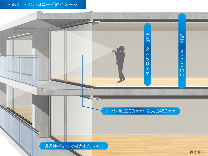 窓が高く、コストを抑えたマンション工法